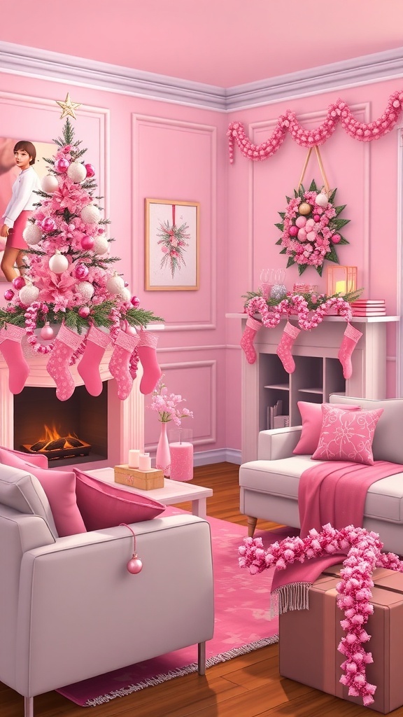 Sims 4 Custom Content Pink Christmas Decor Sims 4 living room with pink Christmas tree, stockings, and festive decor.
